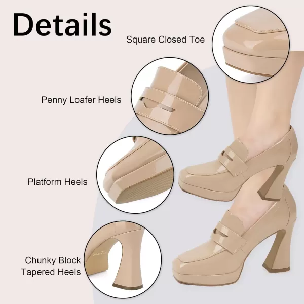 JENN ARDOR Womens Platform Loafer Heels Square Closed Toe Chunky Block High Penny Loafers Pumps Elegant Comfort Casual Slip On Wedding Dress ShoesNudepu