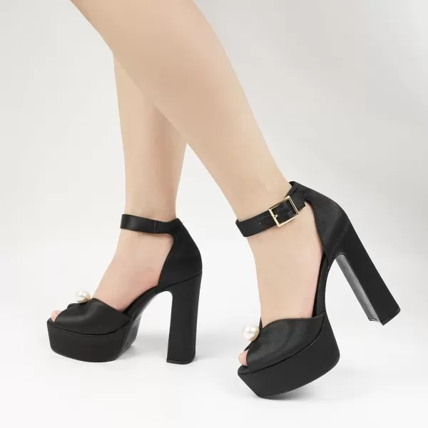JENN ARDOR Womens Stylish Chunky Platform High Block Heels with Pearl Comfortable Open Toe Ankle Strap Dress Wedding Work Pumps ShoesBlack