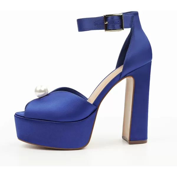 JENN ARDOR Womens Stylish Chunky Platform High Block Heels with Pearl Comfortable Open Toe Ankle Strap Dress Wedding Work Pumps ShoesRoyal Blue