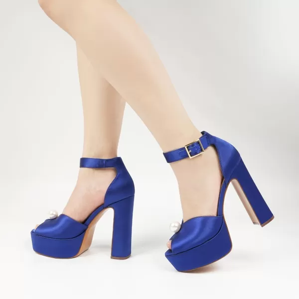JENN ARDOR Womens Stylish Chunky Platform High Block Heels with Pearl Comfortable Open Toe Ankle Strap Dress Wedding Work Pumps ShoesRoyal Blue