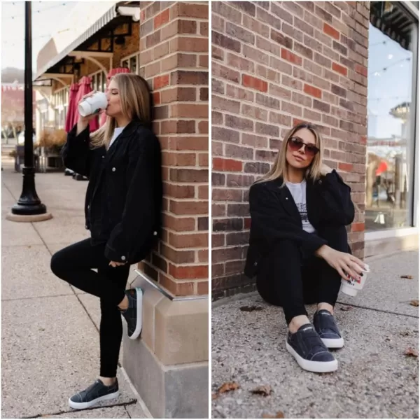 JENN ARDOR Womens Stylish Slip On Sneakers No Laces Elastic Low Top Canvas Sneakers Trendy Flats Comfortable Casual Walking ShoesGrey Black Smoked Twill