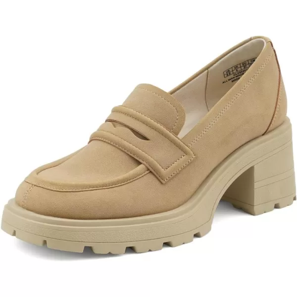 JENN ARDOR Chunky Block Heel Loafers for Women Closed Round Toe Platform Pumps Slip On Dress Shoes Wedding Party Office Lady ShoesCamelsuede