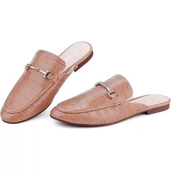 JENN ARDOR Mules for Women Slip On Flats Backless Loafers Slippers Closed Pointed Toe Slides Metal Chain Flats Low Heel Work Mules Casual Walking ShoesCamel Croc Mules