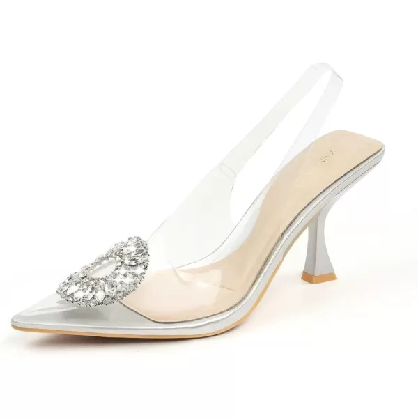 JENN ARDOR Slingback Pumps Pointed Closed Toe Transparent Heels with Rhinestones Comfortable Clear Stiletto Strappy High Heeled Sandals Wedding Dress Shoes for WomenSliver