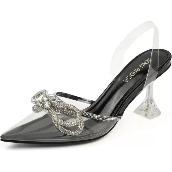 JENN ARDOR Womens Clear Heels Pointed Toe Kitten Heel Bow Pumps Rhinestone Strap Slingback Wedding Party Dress ShoesBlack
