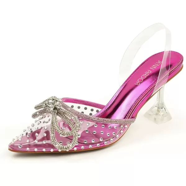 JENN ARDOR Womens Clear Heels Pointed Toe Kitten Heel Bow Pumps Rhinestone Strap Slingback Wedding Party Dress ShoesFuchsia Pinkrhinestone