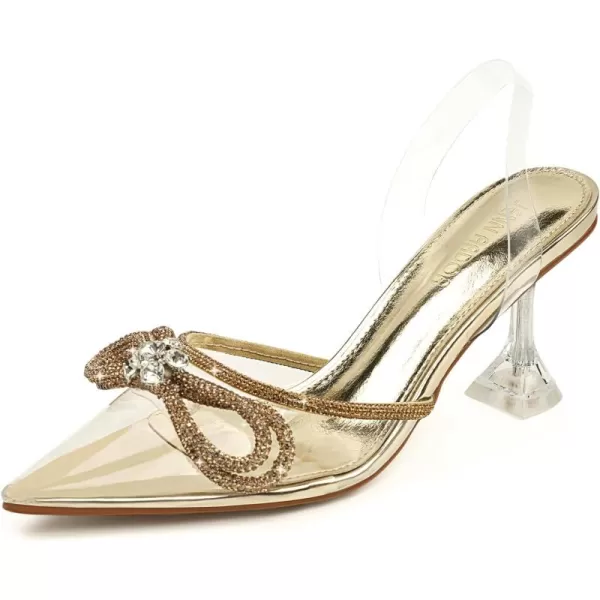 JENN ARDOR Womens Clear Heels Pointed Toe Kitten Heel Bow Pumps Rhinestone Strap Slingback Wedding Party Dress ShoesGold