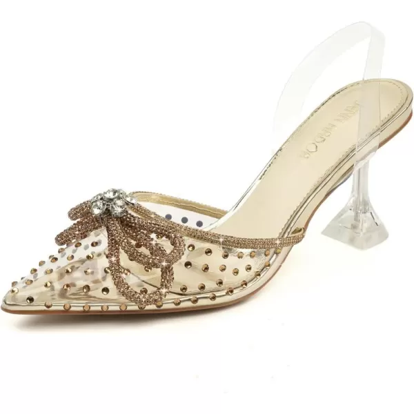 JENN ARDOR Womens Clear Heels Pointed Toe Kitten Heel Bow Pumps Rhinestone Strap Slingback Wedding Party Dress ShoesGoldrhinestone