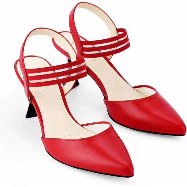 JENN ARDOR Womens Closed Toe Kitten Heels SlingBack Pumps Elastic Ankle Strap Sandals Pointed Toe Wedding Prom Dress ShoesRedfaux Leather