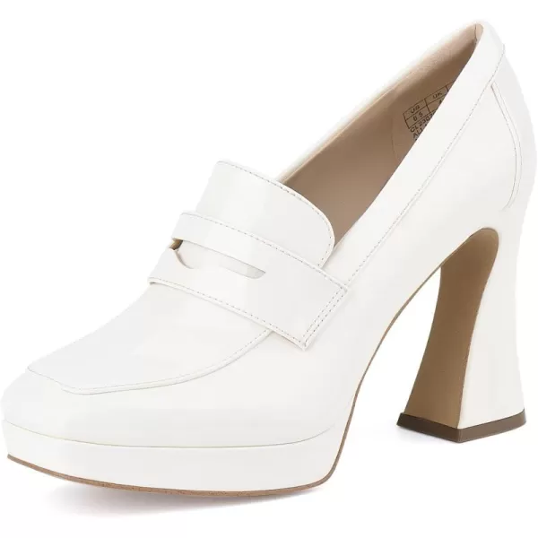 JENN ARDOR Womens Platform Loafer Heels Square Closed Toe Chunky Block High Penny Loafers Pumps Elegant Comfort Casual Slip On Wedding Dress ShoesCream Whitepu