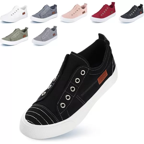JENN ARDOR Womens Slip On Fashion Sneakers No Laces Comfortable Casual Low Canvas Sneakers Flats Walking ShoesBlack