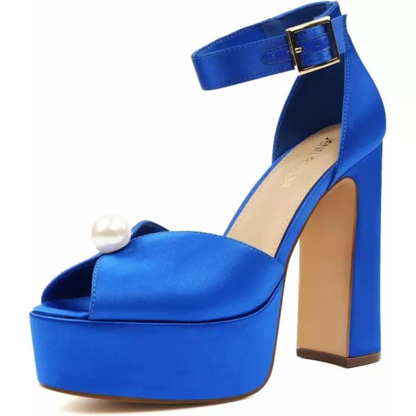 JENN ARDOR Womens Stylish Chunky Platform High Block Heels with Pearl Comfortable Open Toe Ankle Strap Dress Wedding Work Pumps ShoesNavy Blue