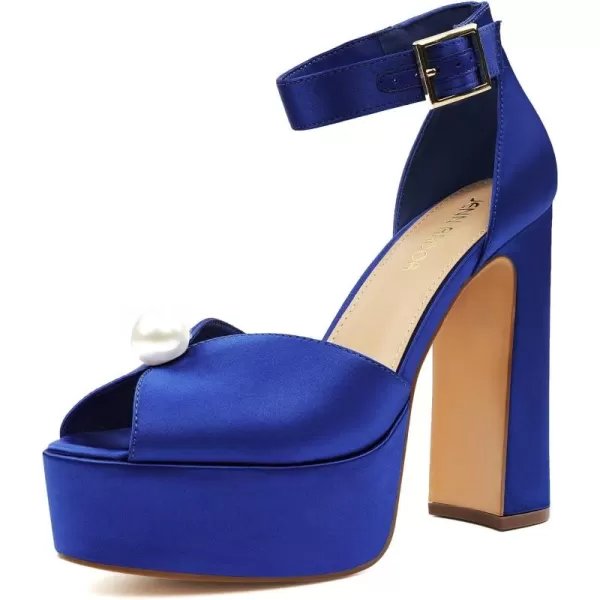 JENN ARDOR Womens Stylish Chunky Platform High Block Heels with Pearl Comfortable Open Toe Ankle Strap Dress Wedding Work Pumps ShoesRoyal Blue