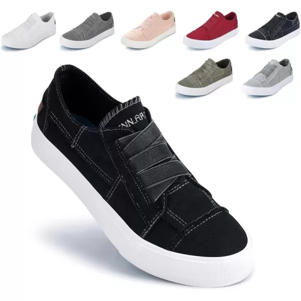 JENN ARDOR Womens Stylish Slip On Sneakers No Laces Elastic Low Top Canvas Sneakers Trendy Flats Comfortable Casual Walking ShoesBlack Canvas