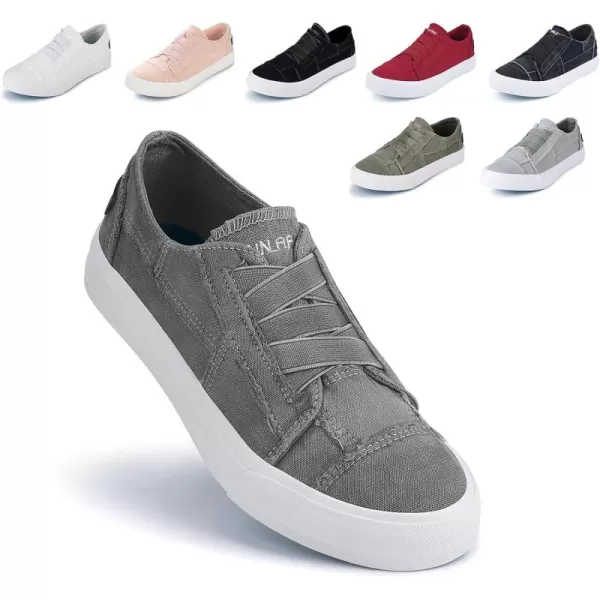 JENN ARDOR Womens Stylish Slip On Sneakers No Laces Elastic Low Top Canvas Sneakers Trendy Flats Comfortable Casual Walking ShoesGrey