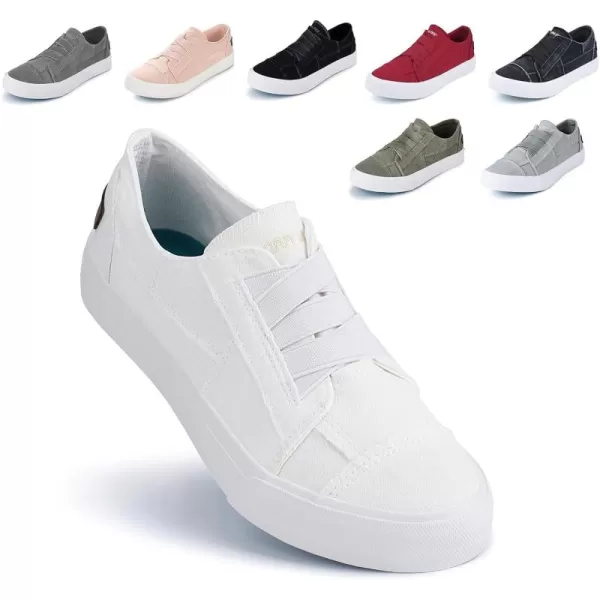 JENN ARDOR Womens Stylish Slip On Sneakers No Laces Elastic Low Top Canvas Sneakers Trendy Flats Comfortable Casual Walking ShoesWhite Canvas