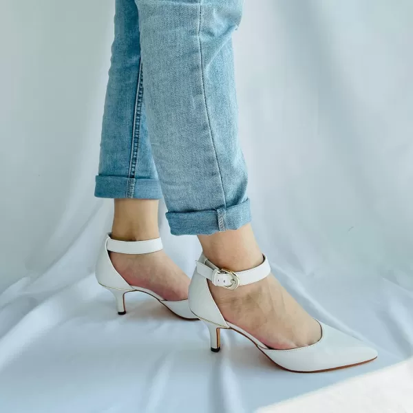 JENN ARDOR Womens Kitten Heel Pumps Ladies Closed Pointed Toe DOrsay Ankle Strap Dress StilettoWhite