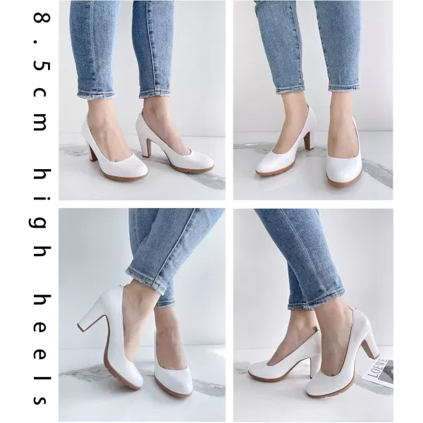 JENN ARDOR Womens Pumps Chunky Heels Platform Shoes Comfort Round Closed Toe Block Heel Pumps Dress High Heeled Office Shoes for Ladies More Than 3 inch HeelWhite