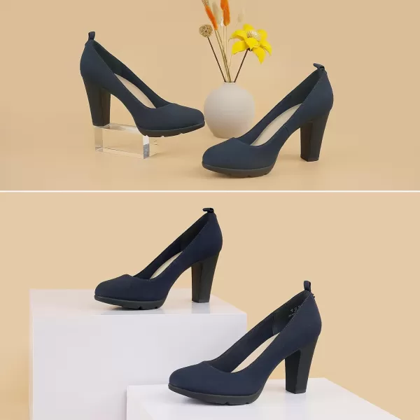 JENN ARDOR Womens Pumps Chunky Heels Platform Shoes Comfort Round Closed Toe Block Heel Pumps Dress High Heeled Office Shoes for Ladies More Than 3 inch HeelNavy
