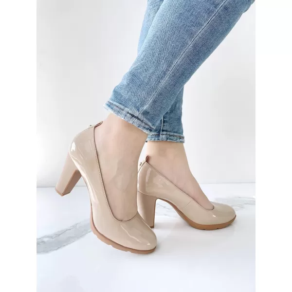JENN ARDOR Womens Pumps Closed Round Toe Block High Heels 3 inch Leather Pump ShoesNude