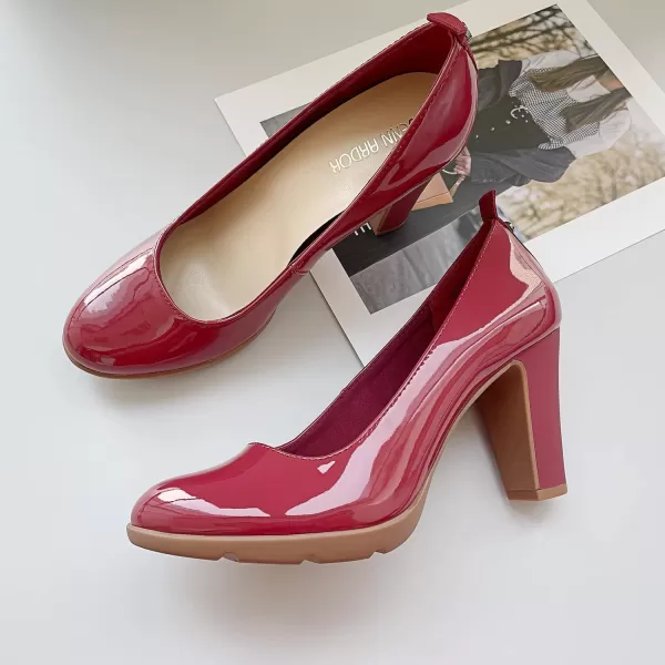 JENN ARDOR Womens Pumps Closed Round Toe Block High Heels 3 inch Leather Pump ShoesRed