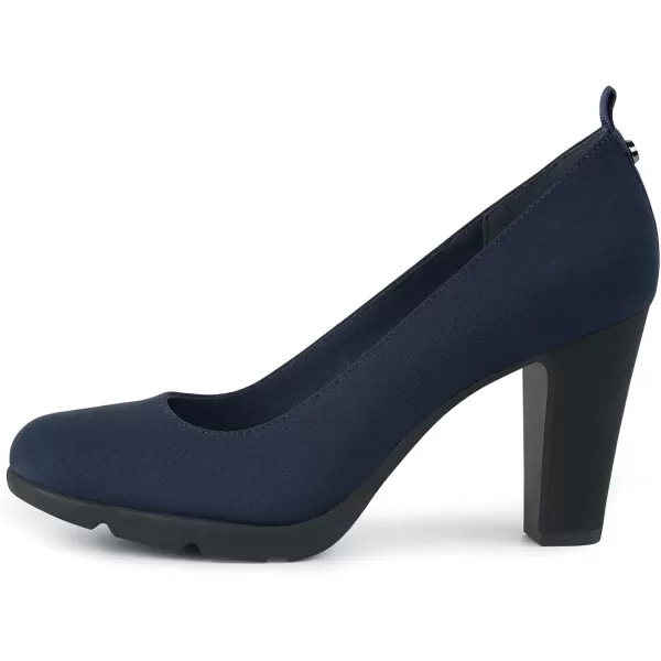 JENN ARDOR Womens Pumps Closed Round Toe Block High Heels 3 inch Leather Pump ShoesStretch Navy