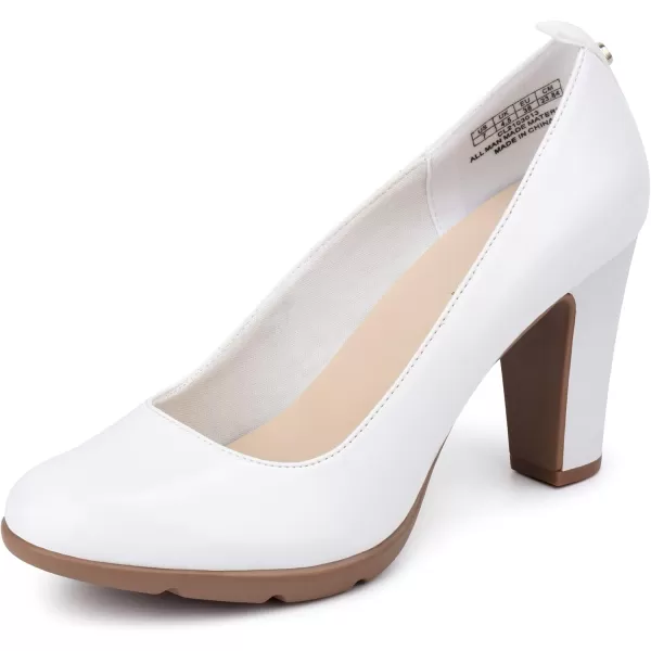 JENN ARDOR Womens Pumps Closed Round Toe Block High Heels 3 inch Leather Pump ShoesWhite