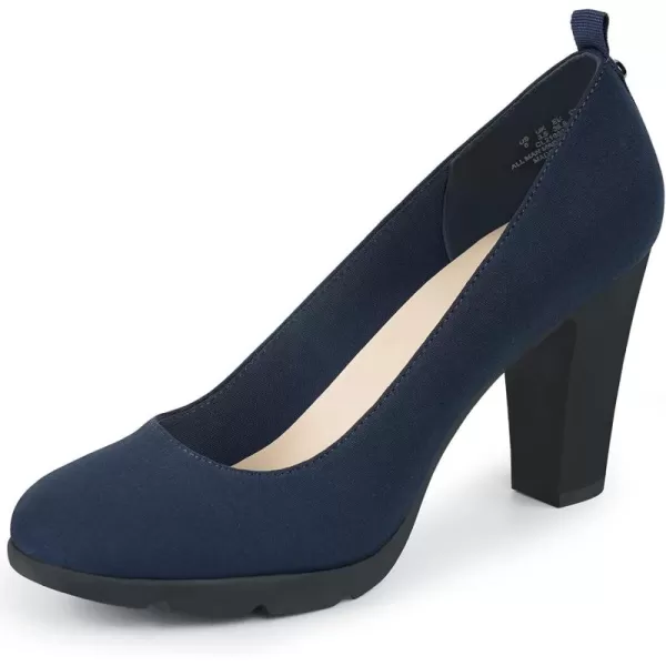 JENN ARDOR Womens Pumps Closed Round Toe Block High Heels 3 inch Leather Pump ShoesStretch Navy