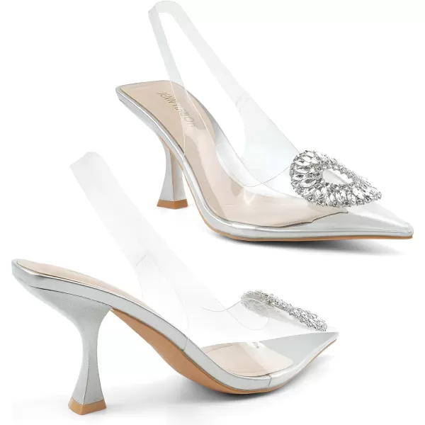 JENN ARDOR Clear Kitten Heels Sandals Slingback Closed Pointed Toe Crystal Rhinestones Wedding Bride Guest Dress High Sexy Party Pumps Comfortable Shoes for WomenSliverClear