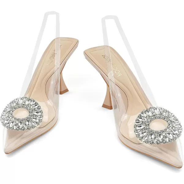 JENN ARDOR Clear Kitten Heels Sandals Slingback Closed Pointed Toe Crystal Rhinestones Wedding Bride Guest Dress High Sexy Party Pumps Comfortable Shoes for WomenBeigeClear