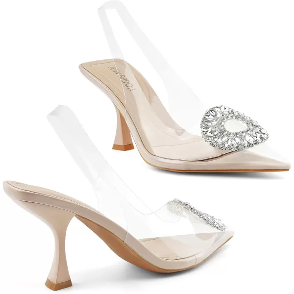JENN ARDOR Clear Kitten Heels Sandals Slingback Closed Pointed Toe Crystal Rhinestones Wedding Bride Guest Dress High Sexy Party Pumps Comfortable Shoes for WomenBeigeClear