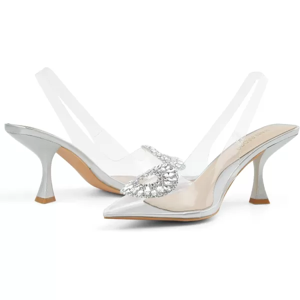 JENN ARDOR Clear Kitten Heels Sandals Slingback Closed Pointed Toe Crystal Rhinestones Wedding Bride Guest Dress High Sexy Party Pumps Comfortable Shoes for WomenSliverClear