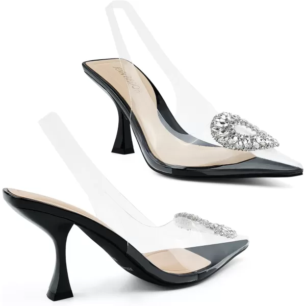 JENN ARDOR Clear Kitten Heels Sandals Slingback Closed Pointed Toe Crystal Rhinestones Wedding Bride Guest Dress High Sexy Party Pumps Comfortable Shoes for WomenBlackClear