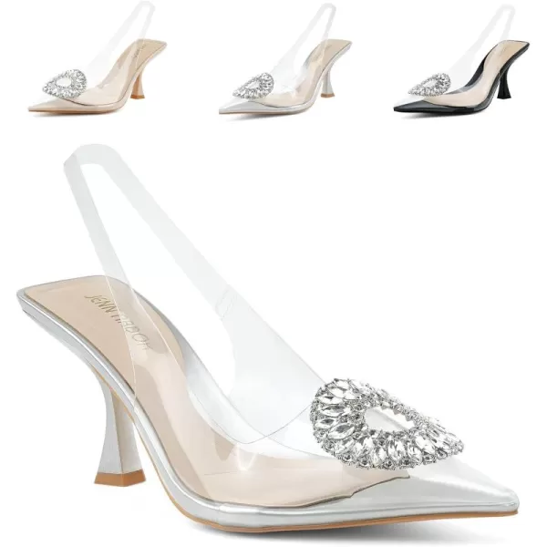 JENN ARDOR Clear Kitten Heels Sandals Slingback Closed Pointed Toe Crystal Rhinestones Wedding Bride Guest Dress High Sexy Party Pumps Comfortable Shoes for WomenSliverClear