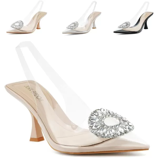 JENN ARDOR Clear Kitten Heels Sandals Slingback Closed Pointed Toe Crystal Rhinestones Wedding Bride Guest Dress High Sexy Party Pumps Comfortable Shoes for WomenBeigeClear