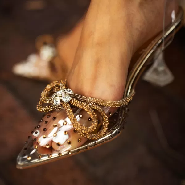 JENN ARDOR Slingback Heels for Women Low Heels Dress Shoes Bow Kitten Pumps Rhinestone Dressy Heeled SandalsGold Rhinestone