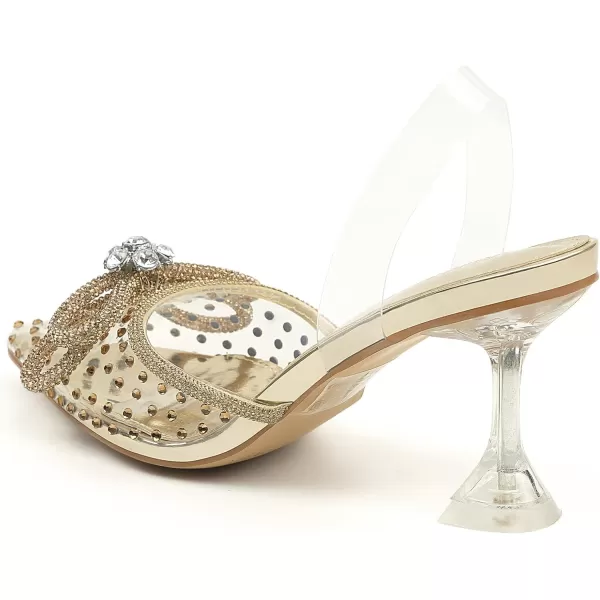 JENN ARDOR Slingback Heels for Women Low Heels Dress Shoes Bow Kitten Pumps Rhinestone Dressy Heeled SandalsGold Rhinestone