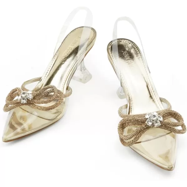 JENN ARDOR Slingback Heels for Women Low Heels Dress Shoes Bow Kitten Pumps Rhinestone Dressy Heeled SandalsGold