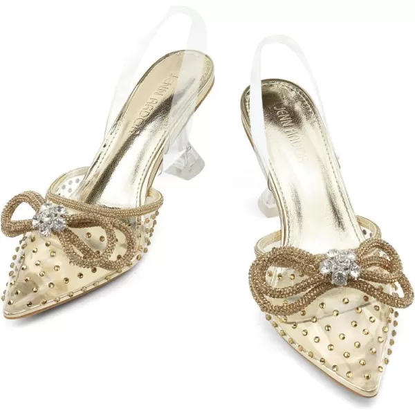 JENN ARDOR Slingback Heels for Women Low Heels Dress Shoes Bow Kitten Pumps Rhinestone Dressy Heeled SandalsGold Rhinestone