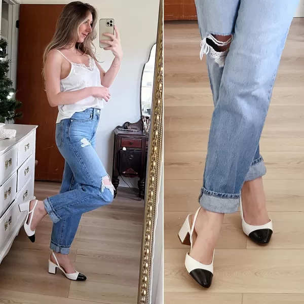 JENN ARDOR Closed Toe Chunky Heels Slingback Pumps Block Dress Shoes Women Comfort Classic Splicing Pointy Cap Toe Low Heels Sandals 25 inch for WeddingWhite