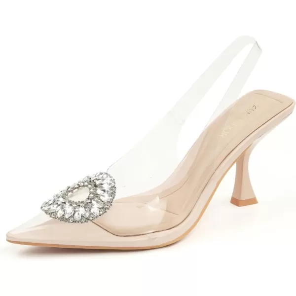 JENN ARDOR Slingback Pumps Pointed Closed Toe Transparent Heels with Rhinestones Comfortable Clear Stiletto Strappy High Heeled Sandals Wedding Dress Shoes for WomenBeige
