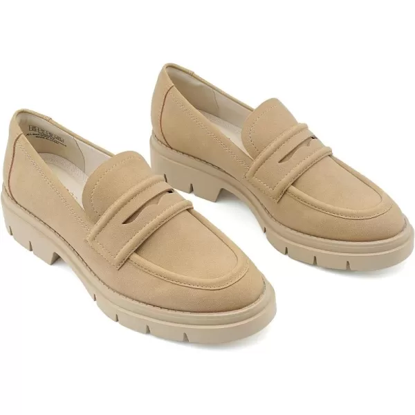 JENN ARDOR Womens Chunky Loafers Slip On Lug Sole Penny Loafer Comfort Casual Round Toe Mid Heels Platform Work ShoesSuedecamel Tan