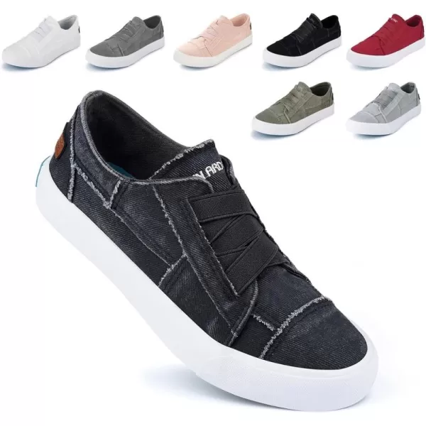 JENN ARDOR Womens Stylish Slip On Sneakers No Laces Elastic Low Top Canvas Sneakers Trendy Flats Comfortable Casual Walking ShoesGrey Black Smoked Twill