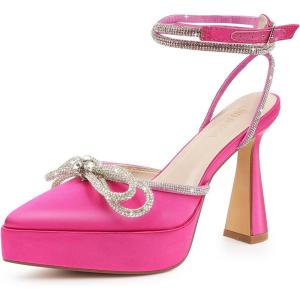 imageJENN ARDOR Womens Platform Heels Ankle Strap Pumps High Heeled Pointed Toe Stiletto High Heel Sandals Rhinestones Bow Knot Party Prom Dress Pumps Shoes for WomenHot Pink