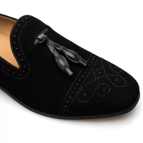 Mens Vintage Velvet Embroidery Noble Loafer Shoes Slipon Loafer Smoking Slipper Tassel LoaferBlack04
