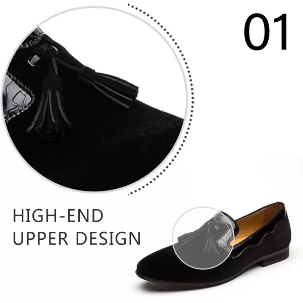 Mens Vintage Velvet Embroidery Noble Loafer Shoes Slipon Loafer Smoking Slipper Tassel LoaferBlack05