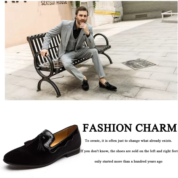 Mens Vintage Velvet Embroidery Noble Loafer Shoes Slipon Loafer Smoking Slipper Tassel LoaferBlack05