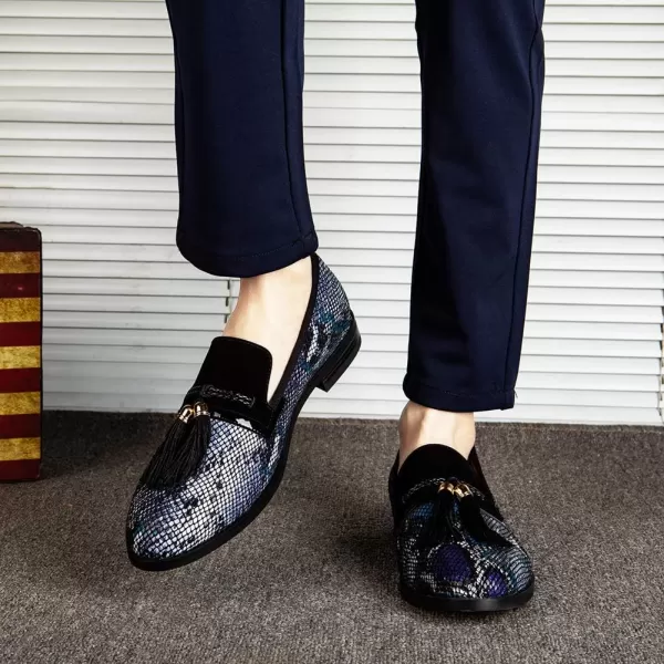 Mens Vintage Velvet Embroidery Noble Loafer Shoes Slipon Loafer Smoking Slipper Tassel LoaferBlue08