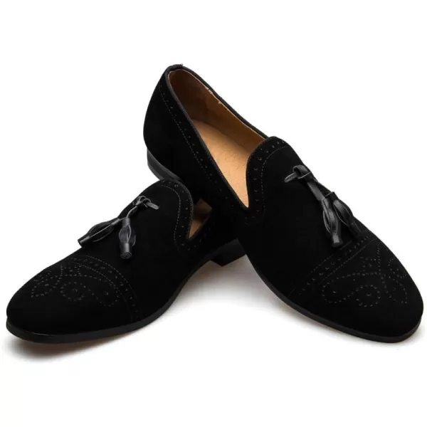 Mens Vintage Velvet Embroidery Noble Loafer Shoes Slipon Loafer Smoking Slipper Tassel LoaferBlack04