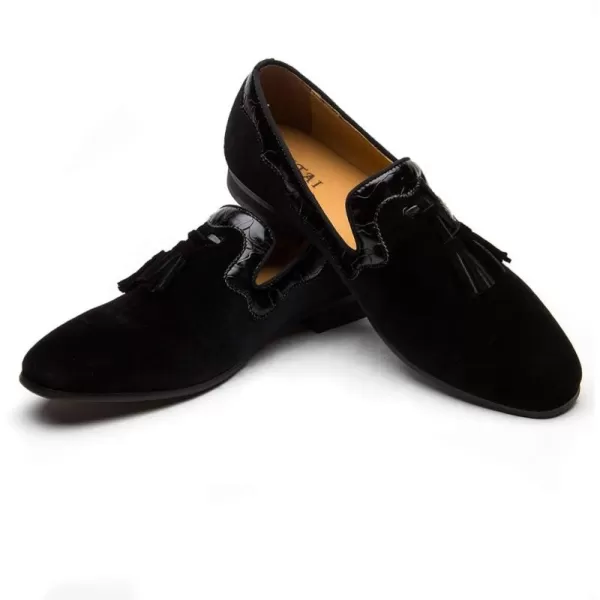 Mens Vintage Velvet Embroidery Noble Loafer Shoes Slipon Loafer Smoking Slipper Tassel LoaferBlack05